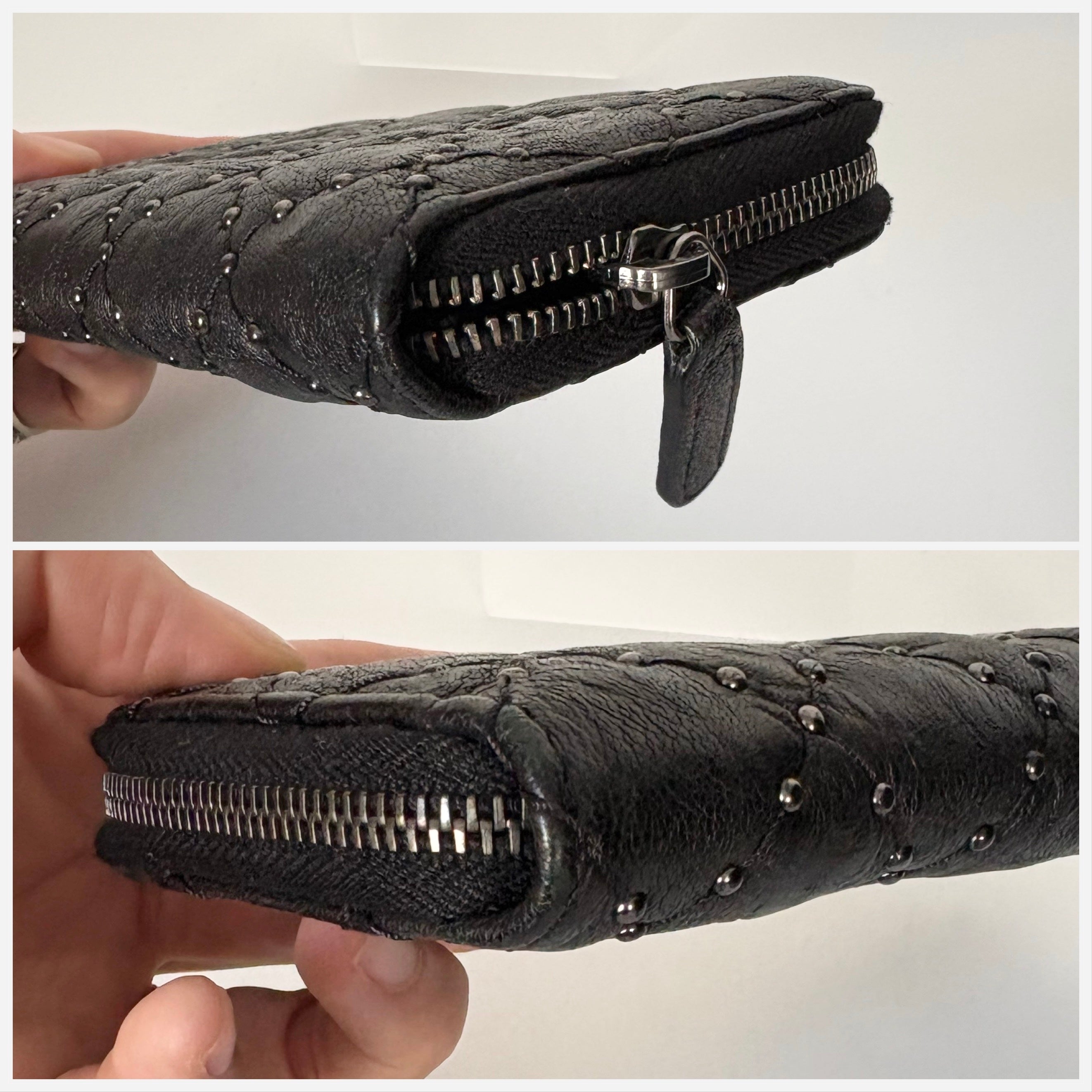 Authentic Chanel Studded Crinkled Lambskin Zipper Wallet Black