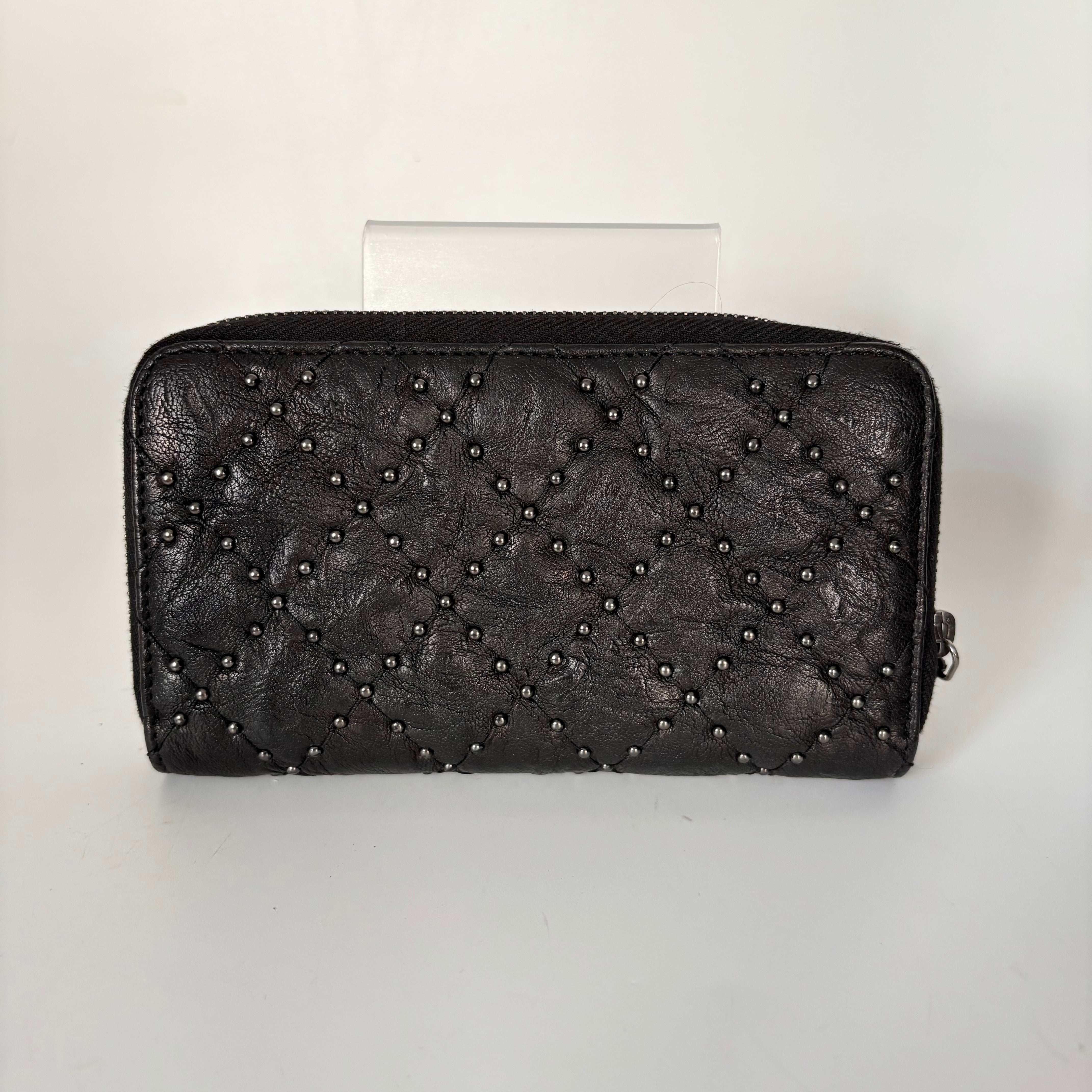 Authentic Chanel Studded Crinkled Lambskin Zipper Wallet Black