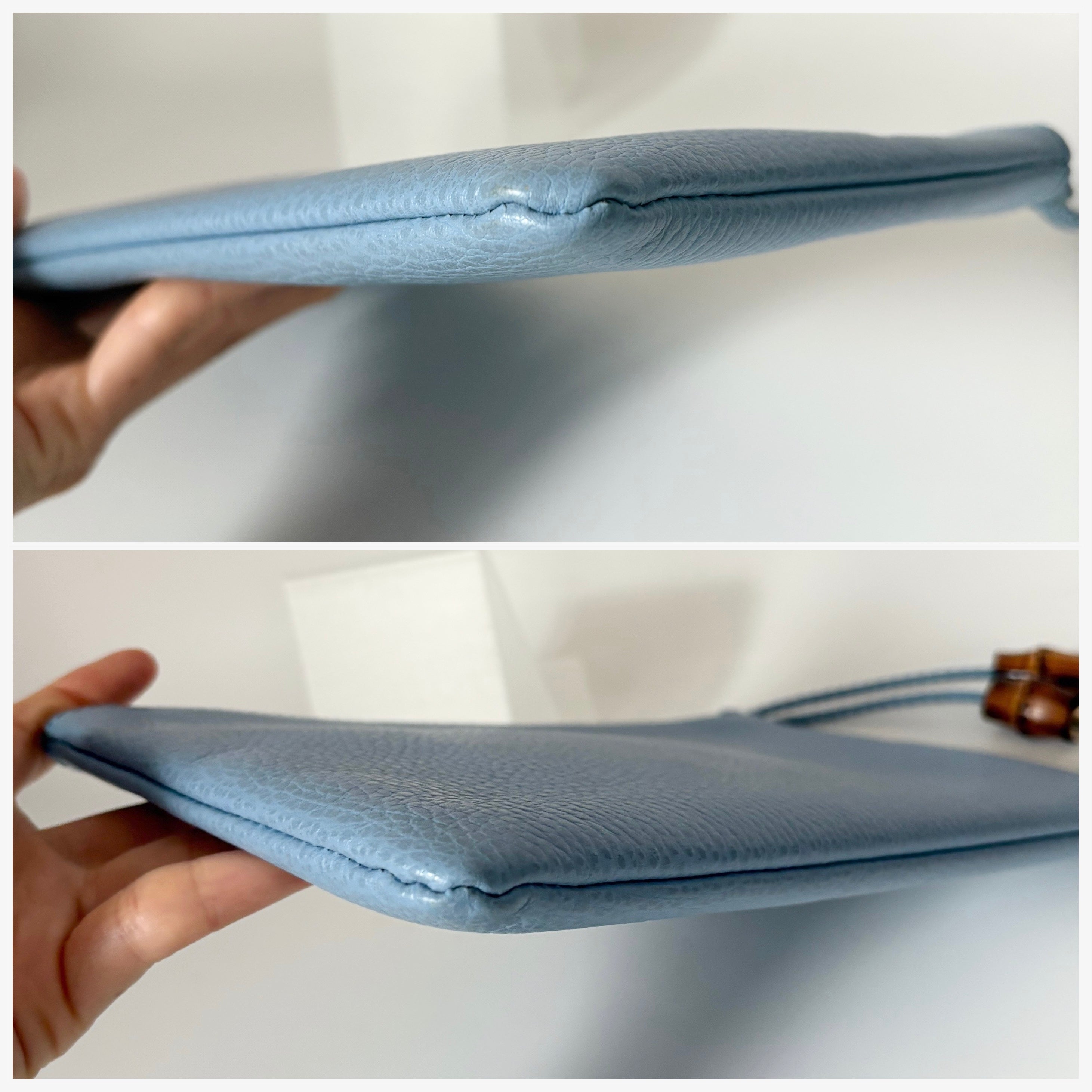 Gucci Pebbled Leather Bamboo Clutch Light Blue