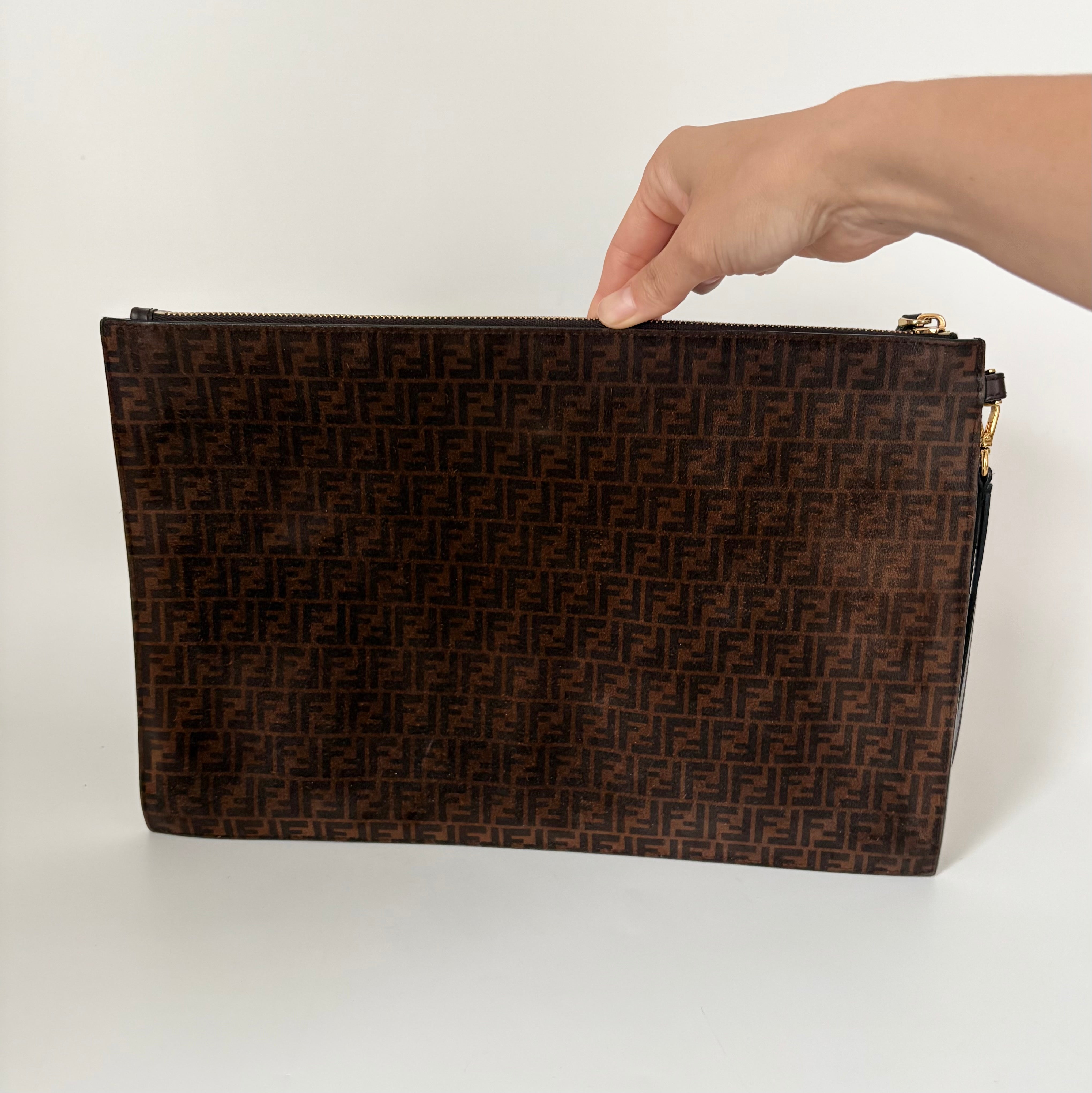 Fendi Suede Zuchino Large Clutch Brown