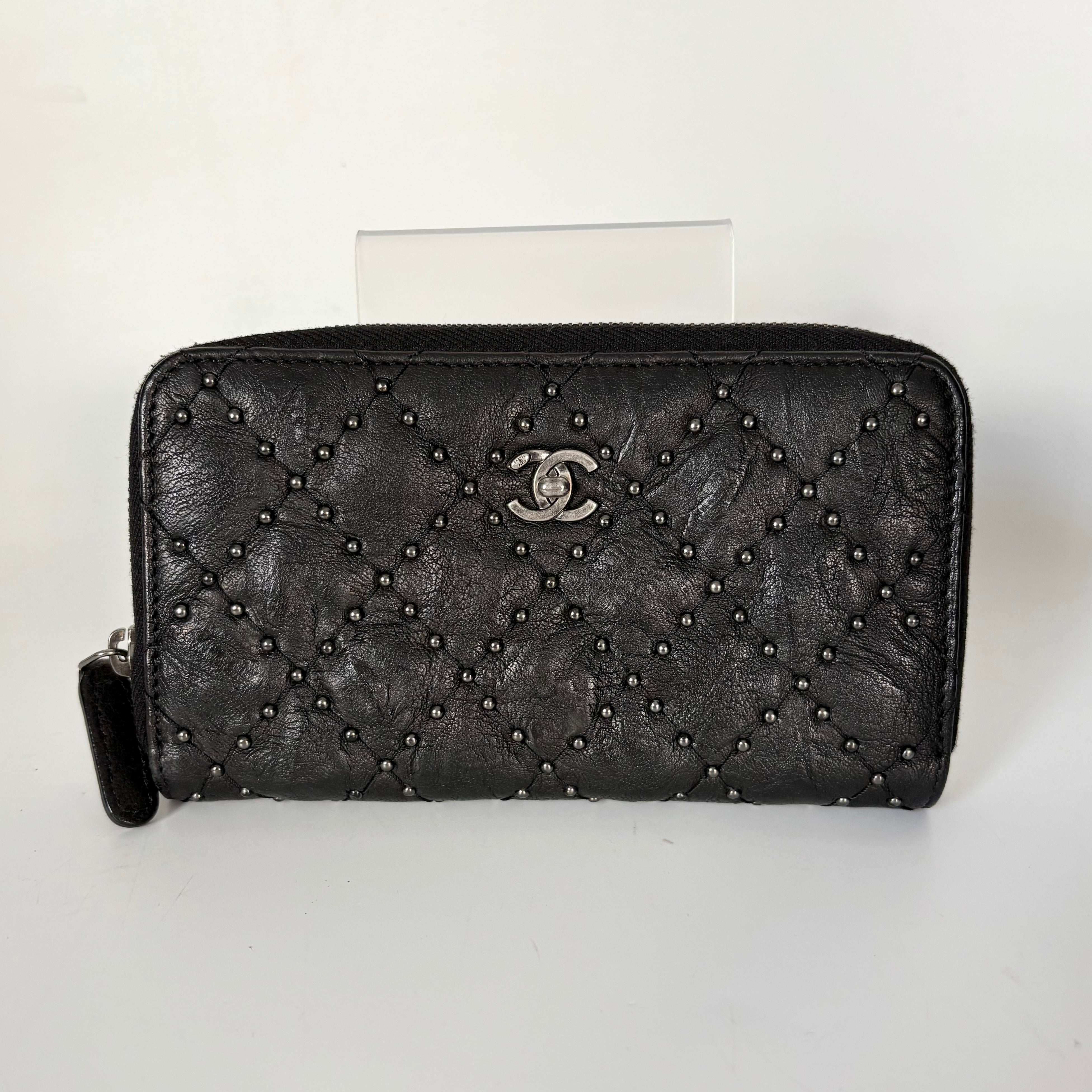 Authentic Chanel Studded Crinkled Lambskin Zipper Wallet Black