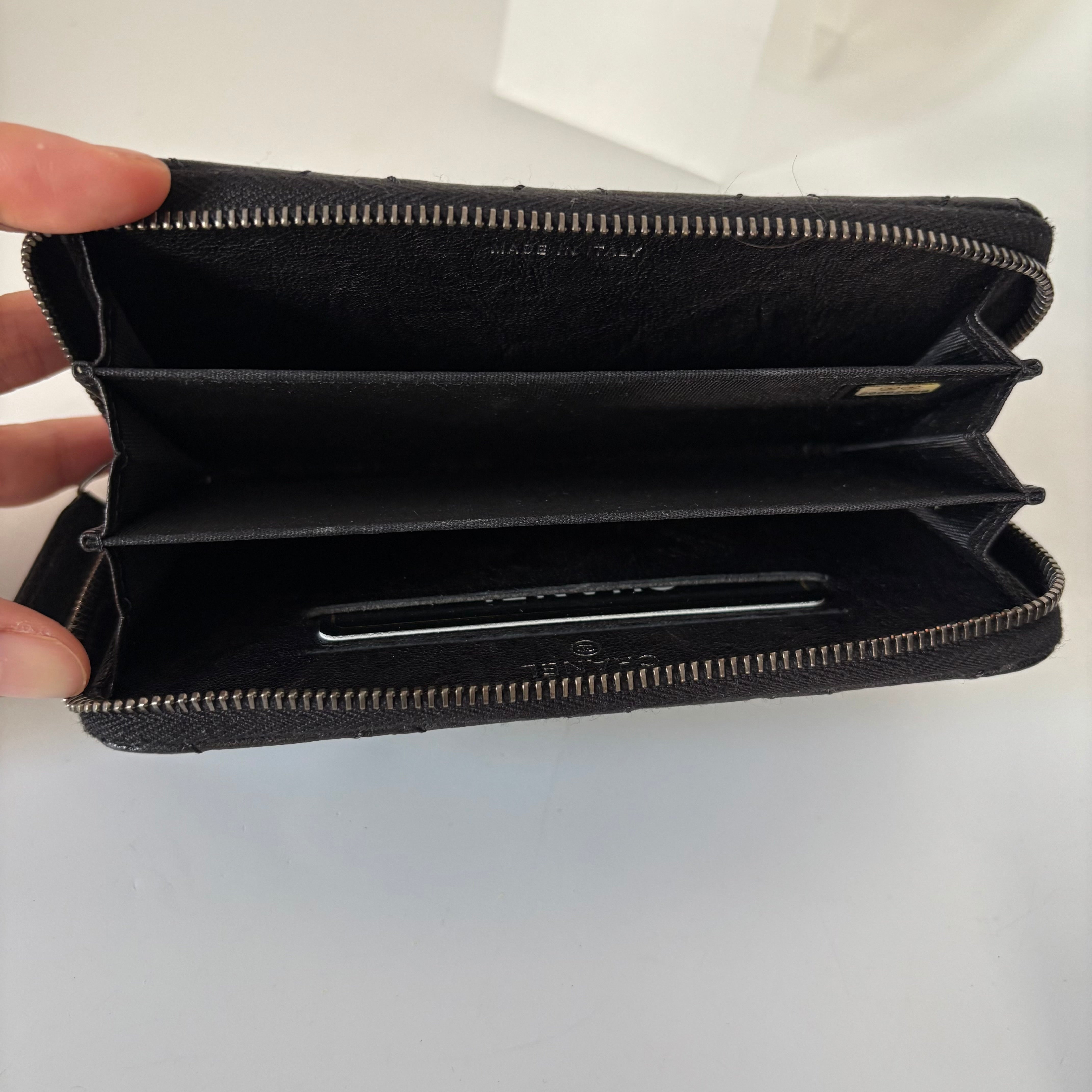 Authentic Chanel Studded Crinkled Lambskin Zipper Wallet Black