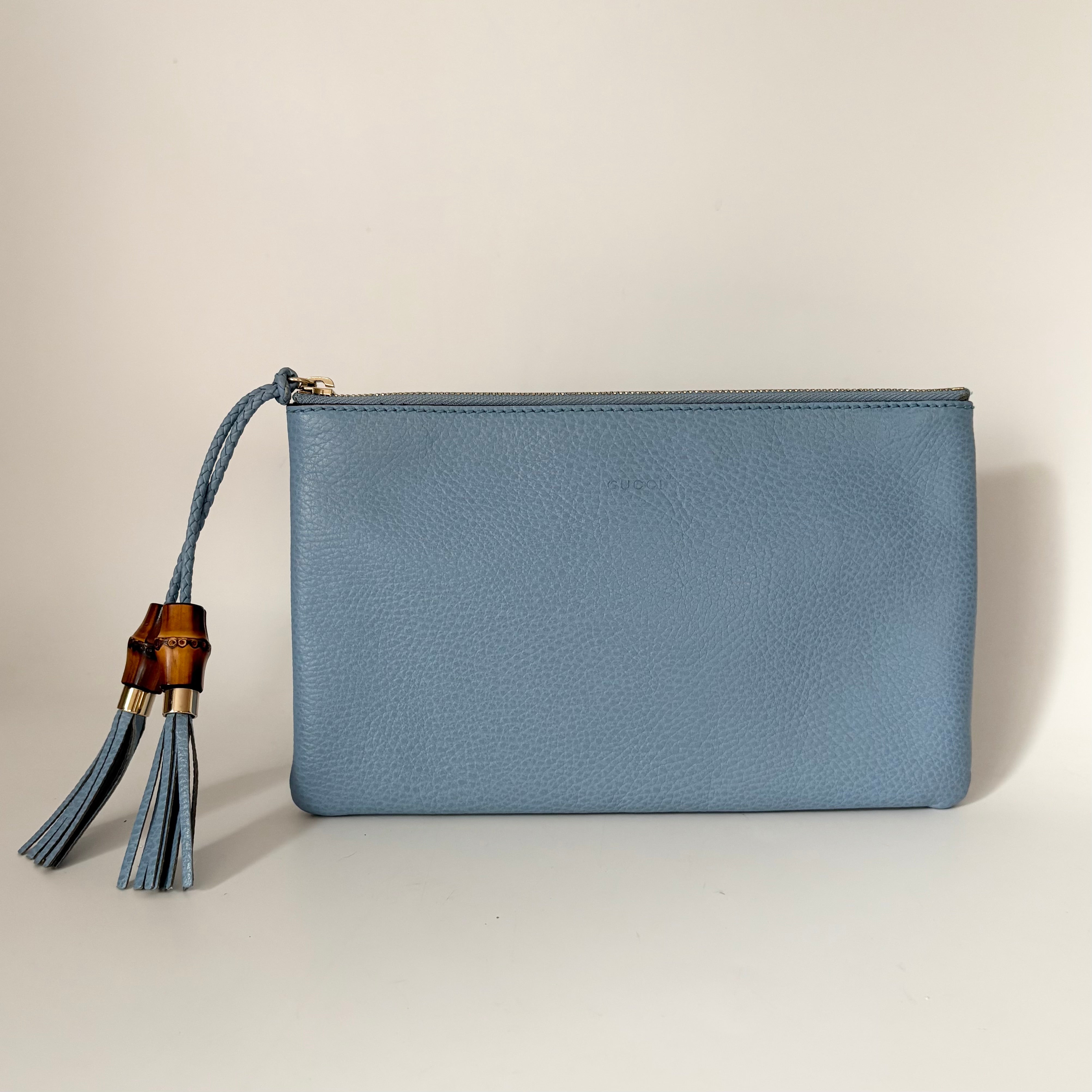Gucci Pebbled Leather Bamboo Clutch Light Blue