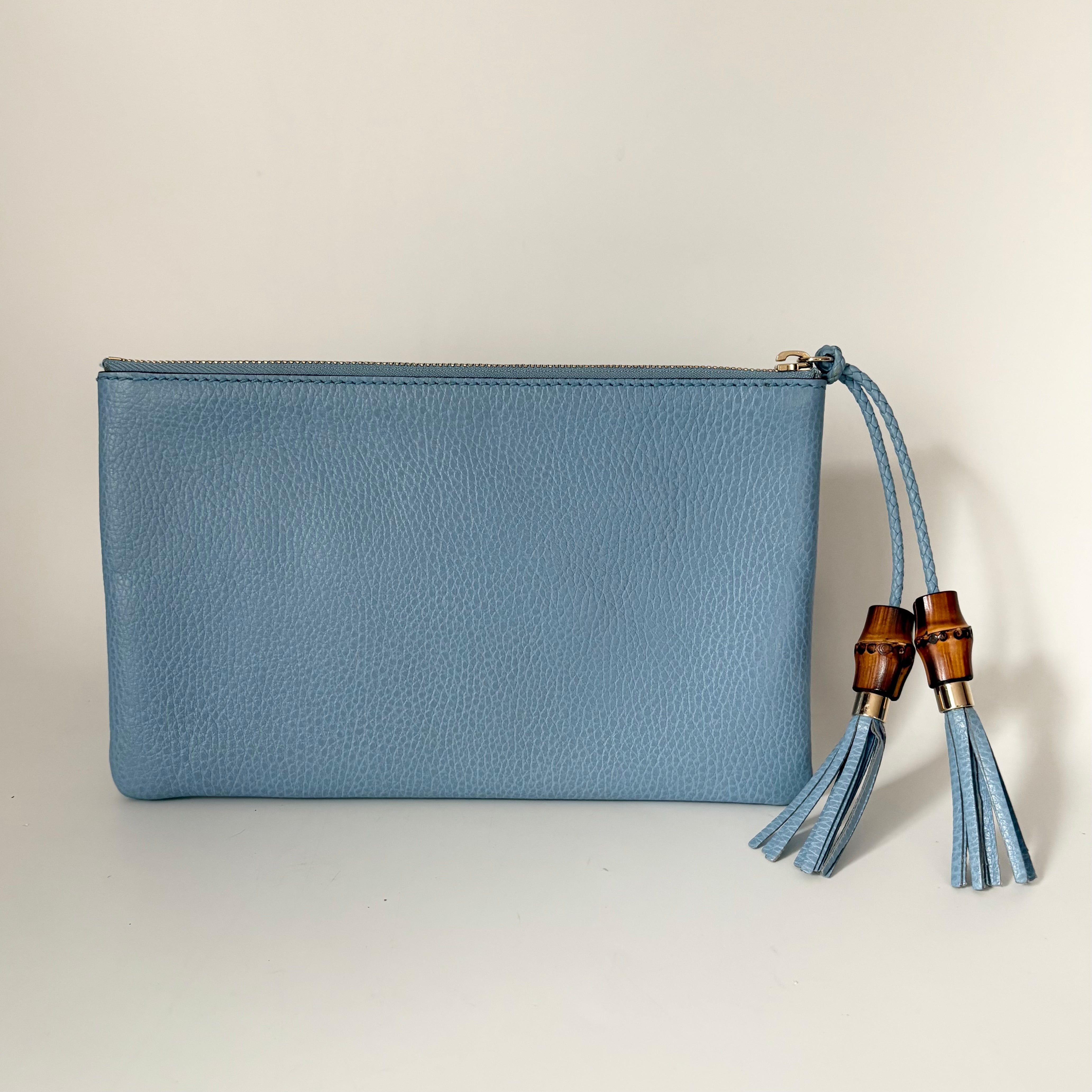 Gucci Pebbled Leather Bamboo Clutch Light Blue