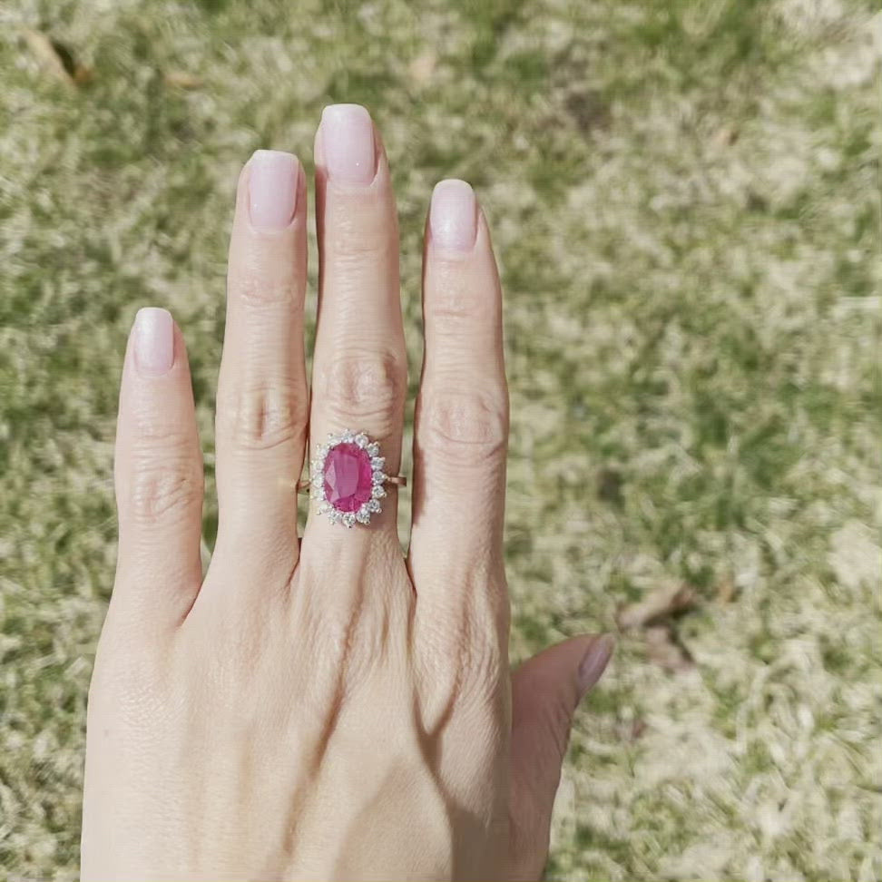 Mozambique Ruby Diamond halo ring set in 14k yellow gold