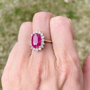 Mozambique Ruby Diamond halo ring set in 14k yellow gold
