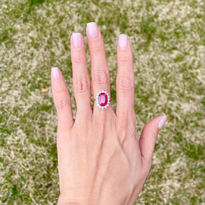 Mozambique Ruby Diamond halo ring set in 14k yellow gold